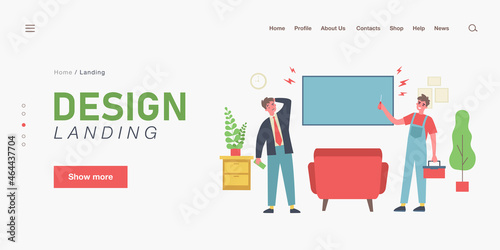 Happy handyman repairing television monitor. Home, screwdriver, repairman flat vector illustration. Service and maintenance concept for banner, website design or landing web page