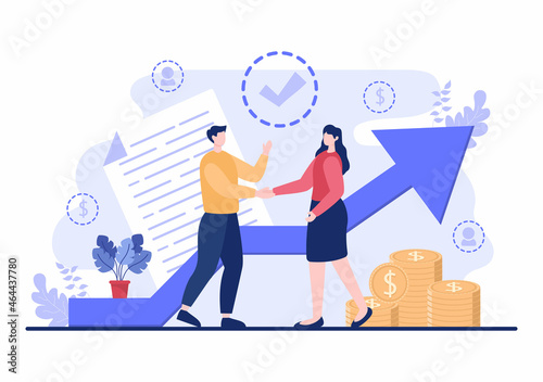 B2B or Business to Business Marketing Vector Illustration. Businessmen and Client Shaking Hands After Set Strategy, Sales and Commerce for Agreed Transaction