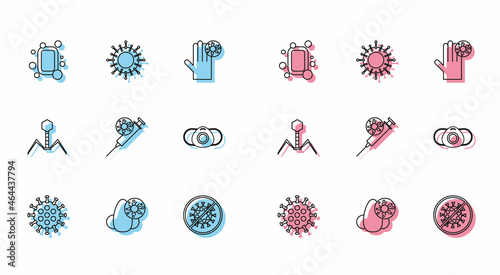 Set line Virus, Runny nose and virus, Bar of soap, Stop, Syringe, Medical protective mask, Bacteria bacteriophage and icon. Vector