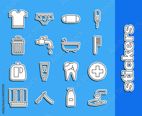 Set line Washing hands with soap, Cross hospital medical, Hairbrush, Medical protective mask, Water tap, Trash can, T-shirt and Bathtub icon. Vector photo