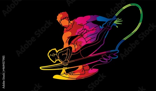 Group of Surfer Action Surfing Sport Players Cartoon Graphic Vector