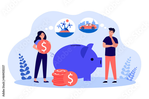 Tiny people saving money in piggy bank. Man and woman dreaming of new car and vacation flat vector illustration. Dream about financial freedom concept for banner, website design or landing web page