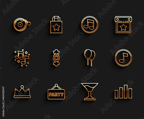 Set line Crown, Signboard party, Vinyl player with disk, Cocktail, Music equalizer, Candy, note, tone and Balloons ribbon icon. Vector