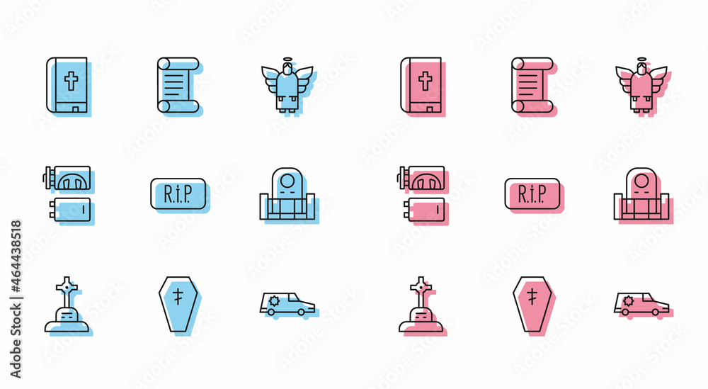 Set line Grave with cross, Coffin, Holy bible book, Hearse car, Speech bubble rip death, tombstone, Crematorium and Decree, parchment, scroll icon. Vector