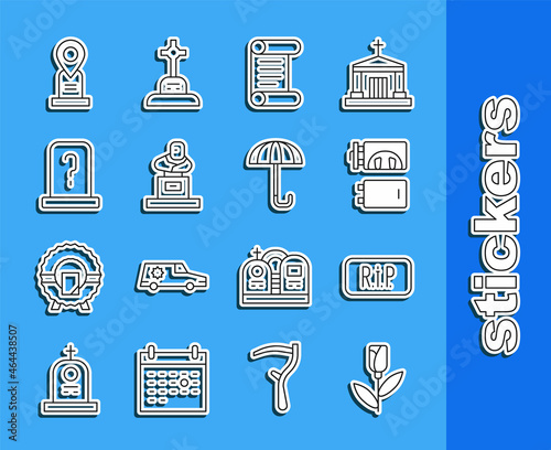 Set line Flower rose, Speech bubble rip death, Crematorium, Decree, parchment, scroll, Grave with tombstone, Location grave and Umbrella icon. Vector