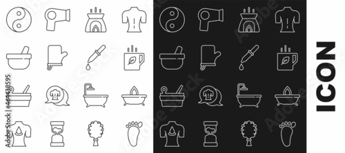 Set line Foot massage, Aroma candle, Cup of tea leaf, Sauna mittens, Mortar pestle, Yin Yang and Pipette icon. Vector