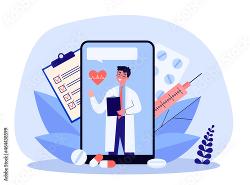 Online doctor appointment via mobile app. Video call to medical worker in hospital on phone screen flat vector illustration. Telemedicine concept for banner, website design or landing web page