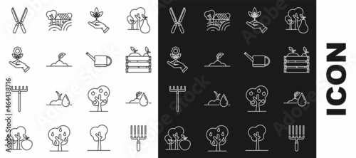Set line Garden rake in work, Wooden box for fruits and vegetables, Plant hand of environmental protection, Sprout, Hand holding flower, Gardening handmade scissors trimming and can icon. Vector