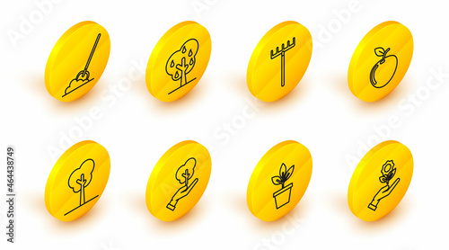 Set line Hand holding flower, Flowers pot, Tree hand of environmental protection, Apple, Garden rake, with pears and Shovel the ground icon. Vector