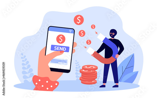 Hand sending money to scammer via mobile phone. Criminal swindler with magnet attracting money flat vector illustration. Online fraud, crime concept for banner, website design or landing web page