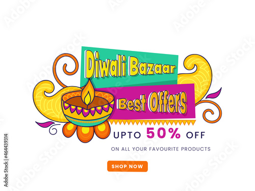 UP TO 50% Off For Diwali Bazaar Poster Design With Lit Oil Lamp (Diya).