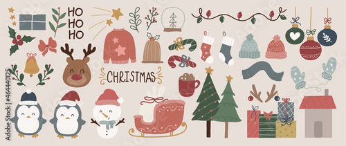 Cute happy new year and merry Christmas hand drawn doodle vector set. 