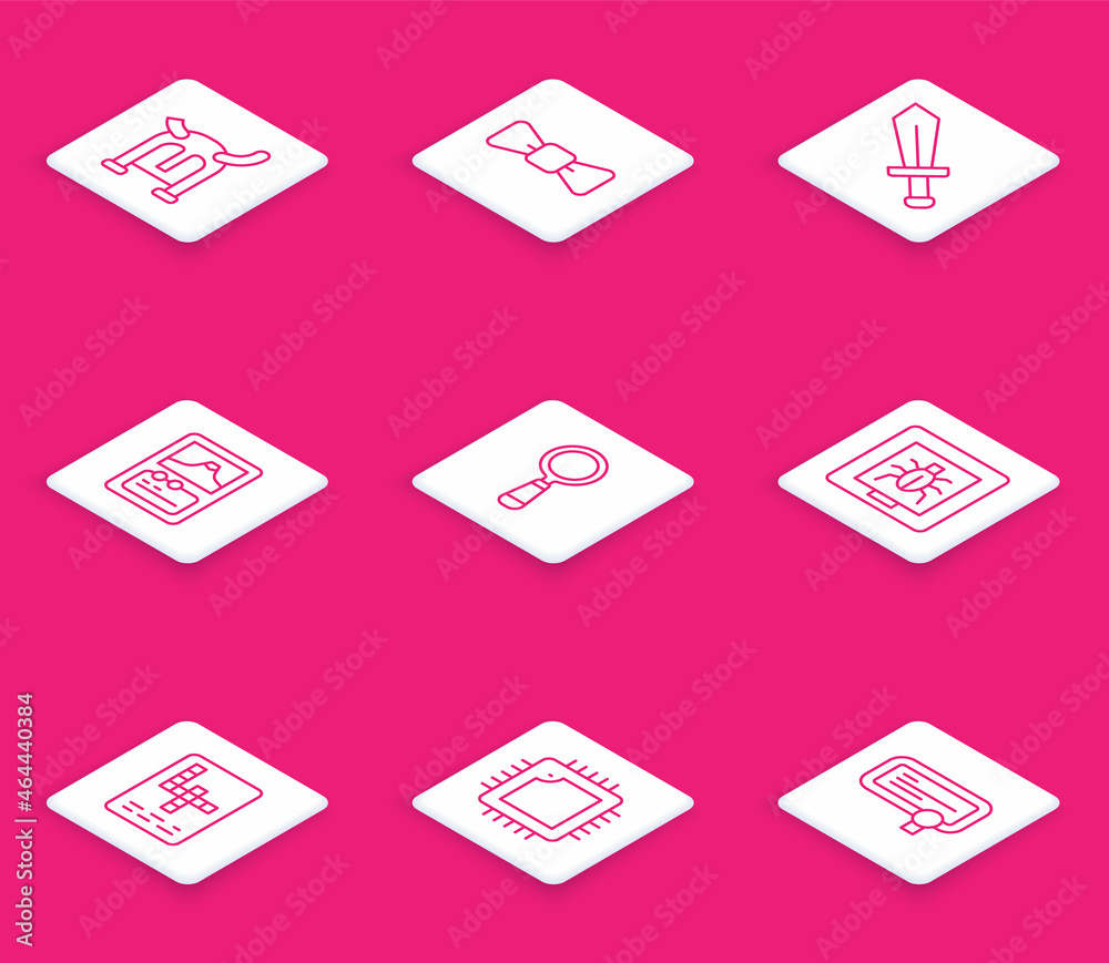 Set line Viking in horned helmet, Bow tie, Sword for game, Card, Magnifying glass, Insects frame, Crossword and Processor with CPU icon. Vector Set line Viking in horned helmet, Bow tie, Sword for game, Card, Magnifying glass, Insects frame, Crossword and Processor with CPU icon. Vector