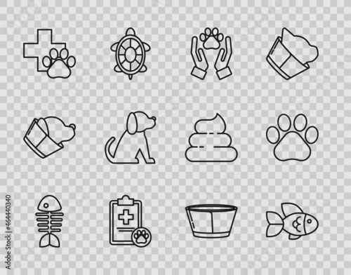 Set line Fish skeleton, Hands with animals footprint, Clipboard medical clinical record pet, Veterinary symbol, Dog, Protective cone collar and Paw icon. Vector
