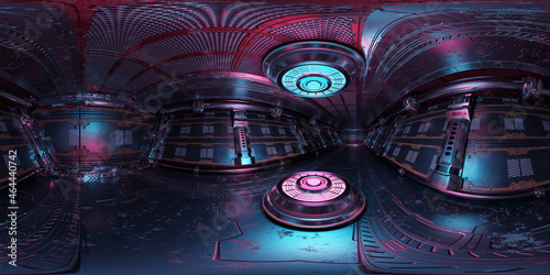 Fototapeta Naklejka Na Ścianę i Meble -  HDRI panoramic view of dark blue pink spaceship interior. High resolution 360 degrees panorama reflection mapping of a futuristic spacecraft with projector 3D rendering