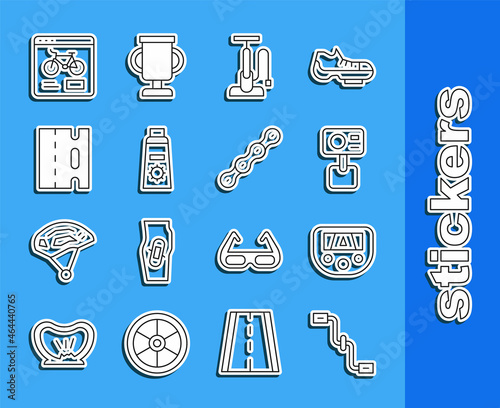 Set line Bicycle pedals, Gps device with map, Action extreme camera, air pump, Sunscreen cream in tube, lane, rental mobile app and chain icon. Vector