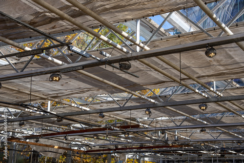 The ceiling in the greenhouse. Glass construction with frames.