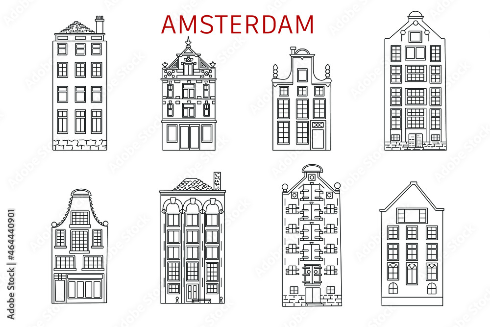 Vector black and white hand-drawn sketch  skyline of Amsterdam houses. Coloring page with architectural line art illustrations.