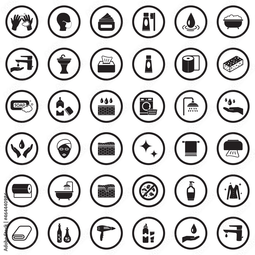 Hygiene Icons. Black Flat Design In Circle. Vector Illustration. Hygiene Icons. Black Flat Design In Circle. Vector Illustration.