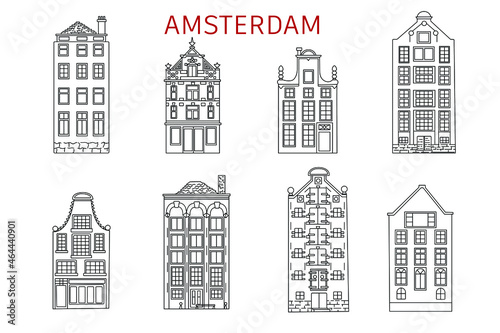 Vector black and white hand-drawn sketch  skyline of Amsterdam houses. Coloring page with architectural line art illustrations.