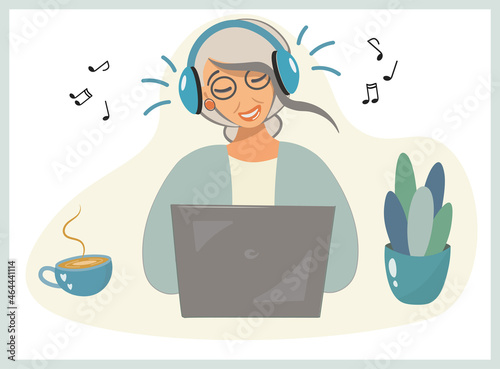 Modern happy grandmother with laptop concept. The pensioner listens to music, communicates, plays, does work, drinks coffee. Versatile design. Vector isolated illustration, cartoon flat