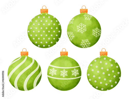 Green christmas balls watercolor style decoration isolated on white background.