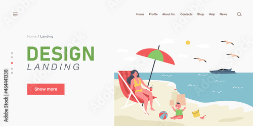 Single mother relaxing on beach with son. Woman sitting on chair, child playing with ball, sand castle flat vector illustration. Vacation, family concept for banner, website design or landing web page