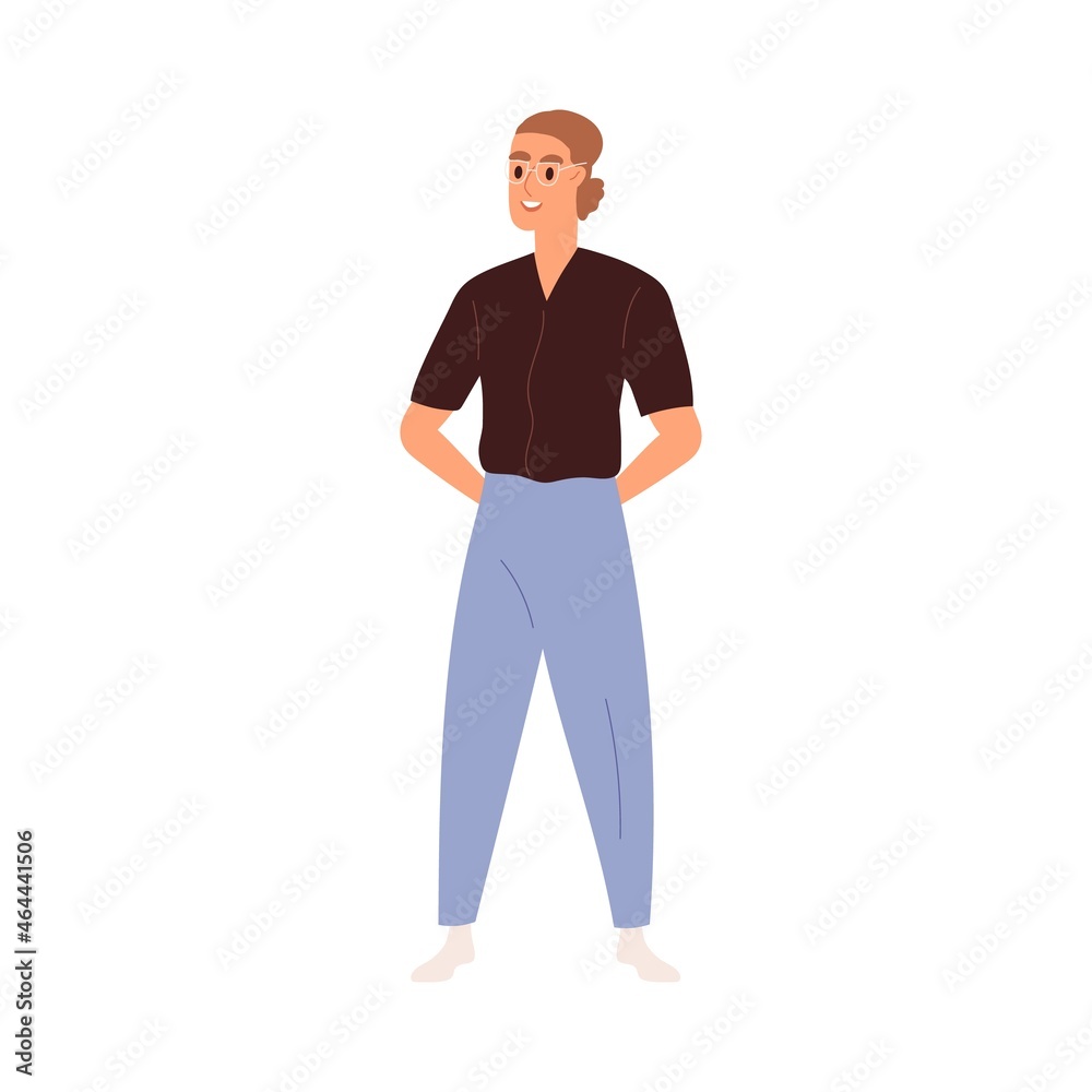 Man in eyeglasses and casual clothes. Happy person standing in modern summer outfit, shirt and trousers. Guy smiling and talking. Flat vector illustration isolated on white background Man in eyeglasses and casual clothes. Happy person standing in modern summer outfit, shirt and trousers. Guy smiling and talking. Flat vector illustration isolated on white background