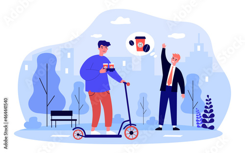 Courier delivering takeaway coffee for businessman. Deliveryman with scooter holding cups with drinks flat vector illustration. Coffee delivery concept for banner, website design or landing web page