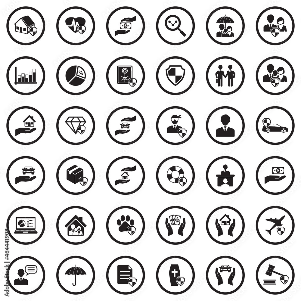 Insurance Icons. Black Flat Design In Circle. Vector Illustration. Insurance Icons. Black Flat Design In Circle. Vector Illustration.