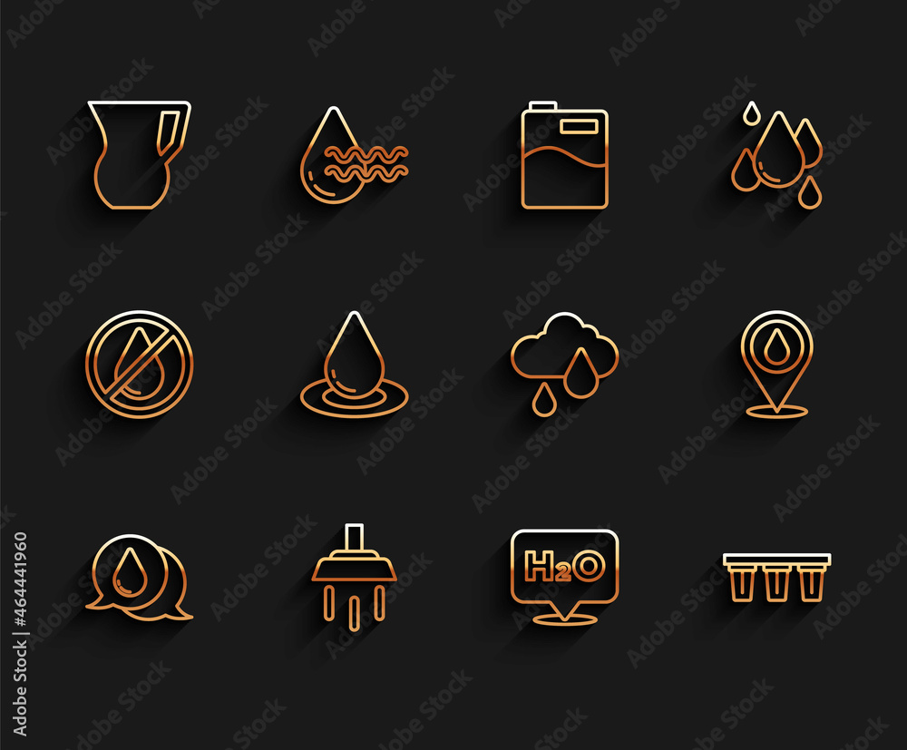 Set line Water drop, Shower, Jug glass with water, Chemical formula for H2O, filter, location and Cloud rain icon. Vector Set line Water drop, Shower, Jug glass with water, Chemical formula for H2O, filter, location and Cloud rain icon. Vector