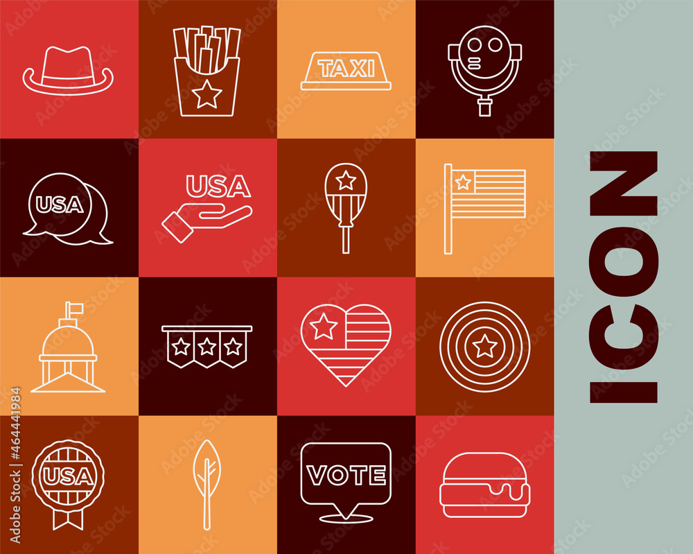 Set line Burger, American star shield, flag, Taxi car roof, USA Independence day, Western cowboy hat and Balloons icon. Vector