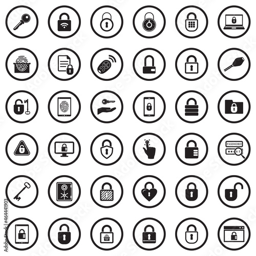 Keys And Locks Icons. Black Flat Design In Circle. Vector Illustration.