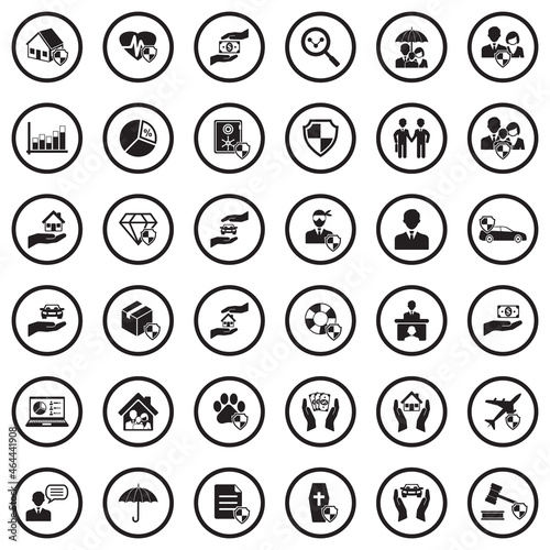 Insurance Icons. Black Flat Design In Circle. Vector Illustration.