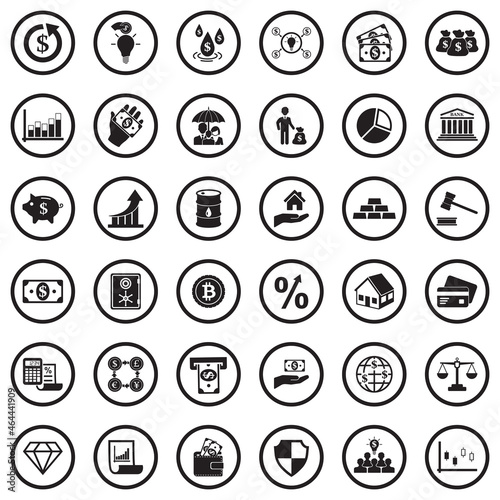 Investment Icons. Black Flat Design In Circle. Vector Illustration.
