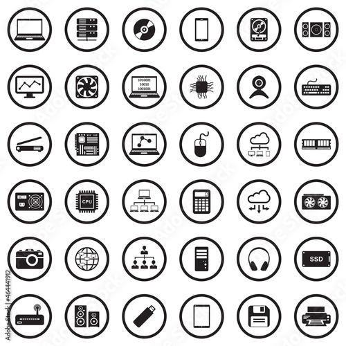 IT Icons. Black Flat Design In Circle. Vector Illustration.