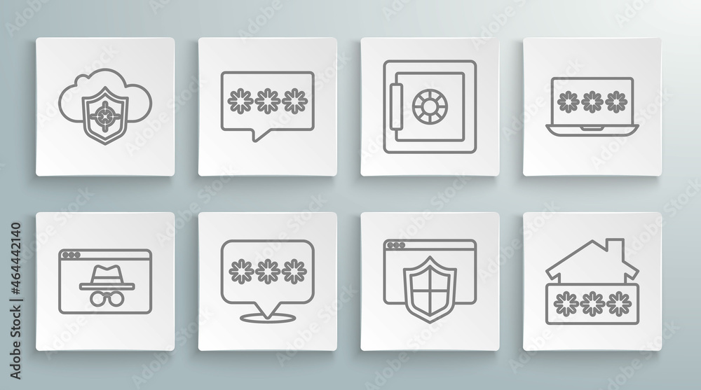 Set line Browser incognito window, Password protection, with shield, House password, Safe, Laptop and Cloud and icon. Vector
