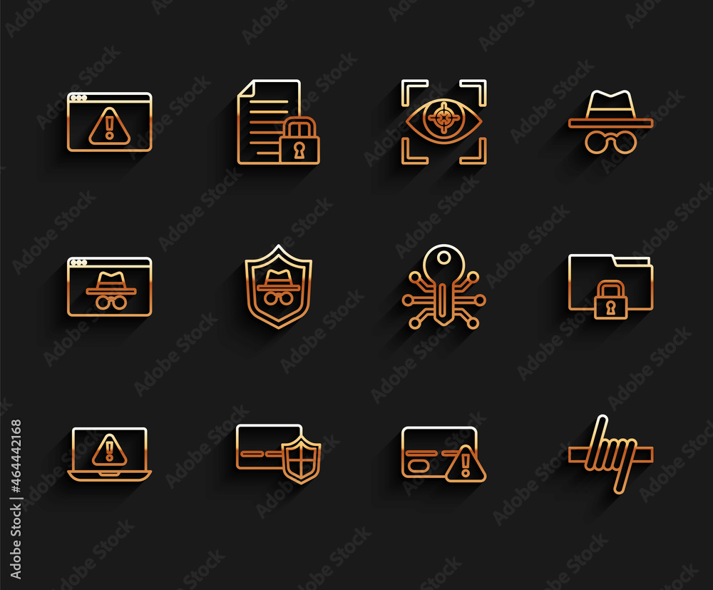 Set line Laptop with exclamation mark, Credit card shield, Browser, Barbed wire, Incognito mode, Folder and lock and Smart key icon. Vector Set line Laptop with exclamation mark, Credit card shield, Browser, Barbed wire, Incognito mode, Folder and lock and Smart key icon. Vector