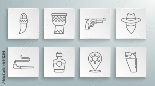 Set line Smoking pipe, Drum, Tequila bottle, Hexagram sheriff, Revolver gun holster, Cowboy and Tooth icon. Vector