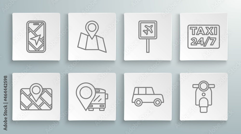 Set line Gps device with map, Folded location, Location bus, Car, Scooter, Airport, taxi and City navigation icon. Vector