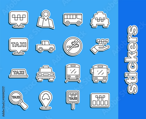 Set line Taximeter, Bus, Hand with taxi, Car, Location, and No Smoking icon. Vector