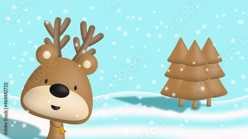Christmas background with cute reindeer and snow character illustration. Suitable for posters, banners, Christmas cards, and other marketing purposes.