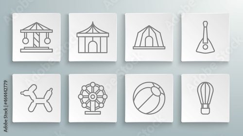 Set line Balloon dog, Circus tent, Ferris wheel, Beach ball, Hot air balloon, Balalaika and Attraction carousel icon. Vector