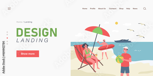 Cartoon people enjoying their vacation at seaside resort. Flat vector illustration. Grandparents and grandson relaxing on beach with drinks, surf board, ball. Sea resort, vacation, relax concept