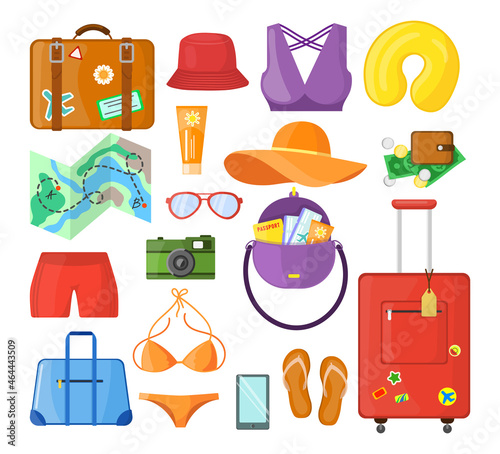 Travel stuff set for summer beach vacation. Vector illustrations of clothes and objects for tourist suitcase or bag. Cartoon camera map bikini hat sunglasses isolated on white. Tourism concept