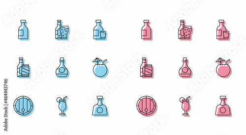 Set line Wooden barrel, Cocktail, Glass bottle of vodka, Tequila, Bottle cognac or brandy, Coconut cocktail, Beer beer can and glass icon. Vector