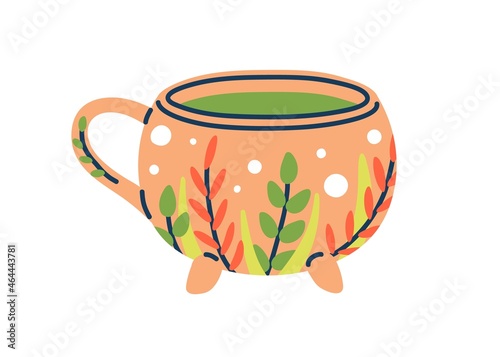 Modern ceramic tea cup. Coffee mug with natural plant pattern, handle and cute legs. Drink crockery in doodle style. Teacup with matcha. Colored flat vector illustration isolated on white background