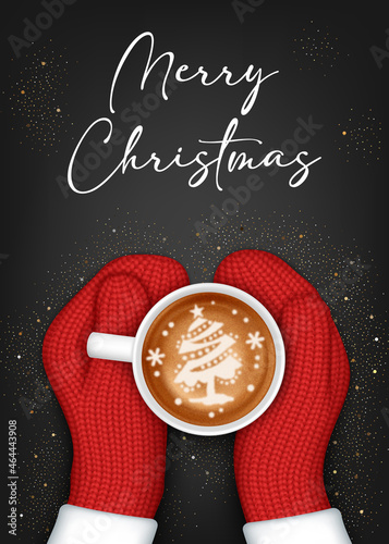 Hands in knitted mittens holding a cup of coffee. Christmas greeting card template
