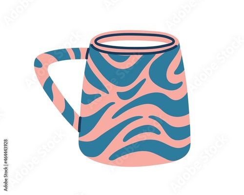 Modern tea mug with abstract pattern. Ceramic coffee cup with handle. Cute teacup. Stylish trendy drink crockery in doodle style. Flat vector illustration isolated on white background