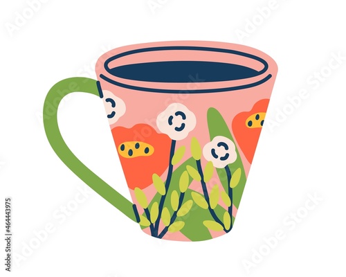Modern ceramic coffee cup. Tea mug with floral pattern and handle. Drink crockery with americano in doodle style. Colored flat vector illustration of teacup isolated on white background
